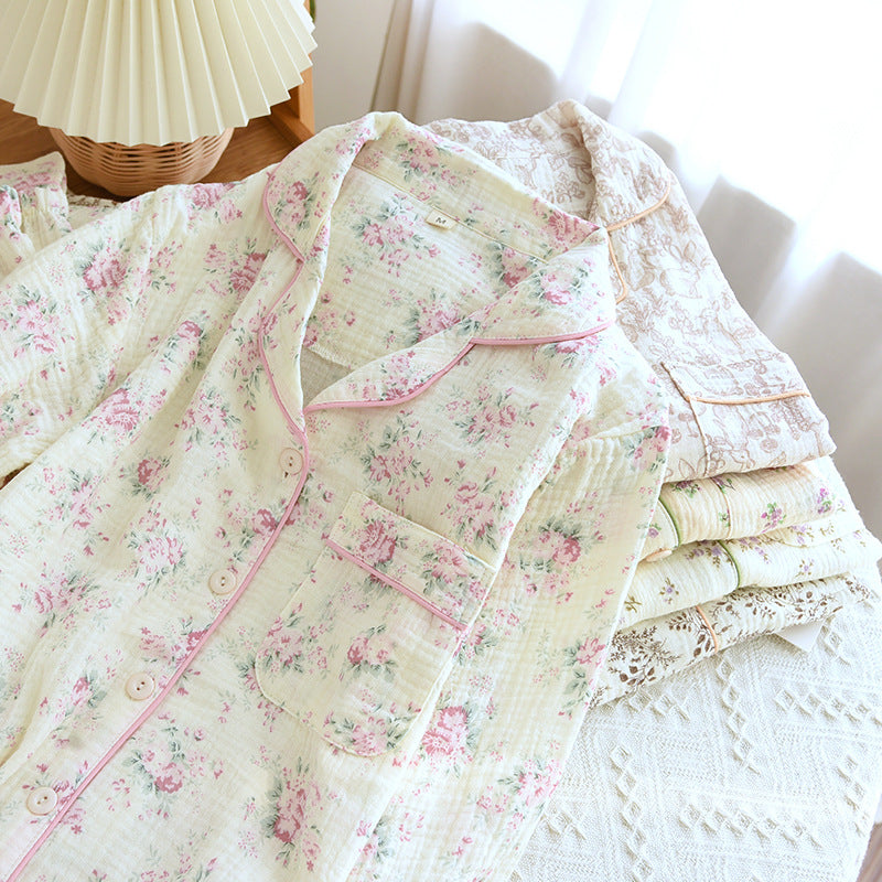 New Cotton Double-layer Gauze Sleeping Long Sleeve Cardigan Plus Size Summer Thin Cotton Homewear Suit