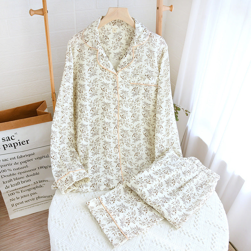 New Cotton Double-layer Gauze Sleeping Long Sleeve Cardigan Plus Size Summer Thin Cotton Homewear Suit