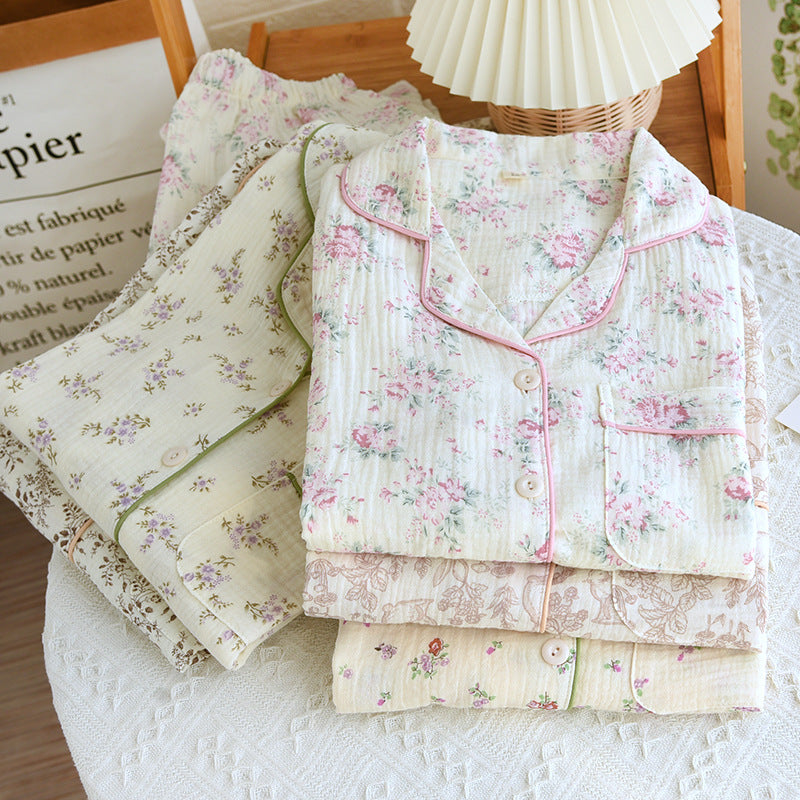 New Cotton Double-layer Gauze Sleeping Long Sleeve Cardigan Plus Size Summer Thin Cotton Homewear Suit