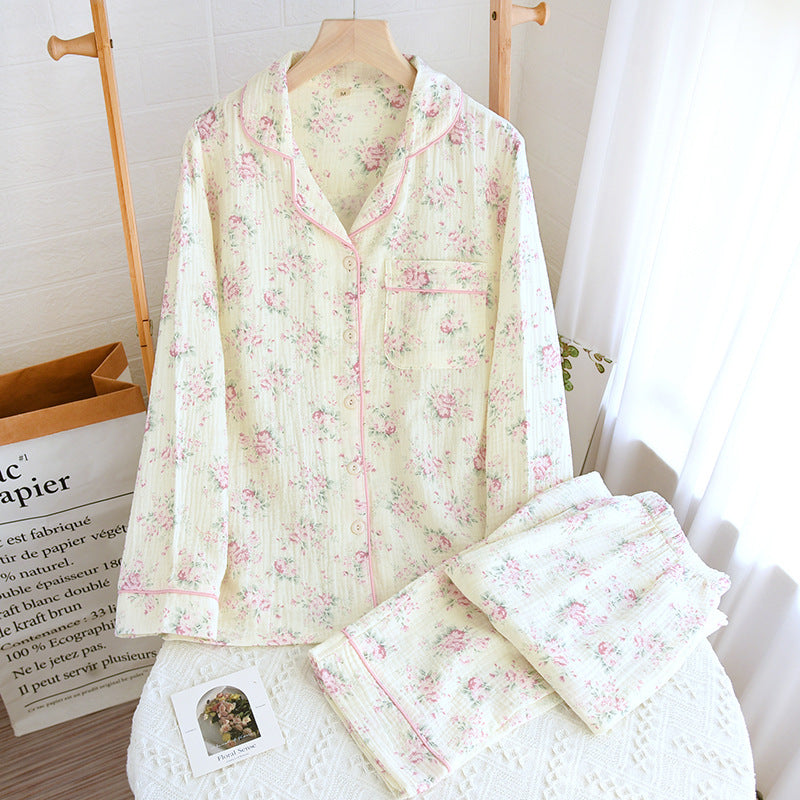 New Cotton Double-layer Gauze Sleeping Long Sleeve Cardigan Plus Size Summer Thin Cotton Homewear Suit