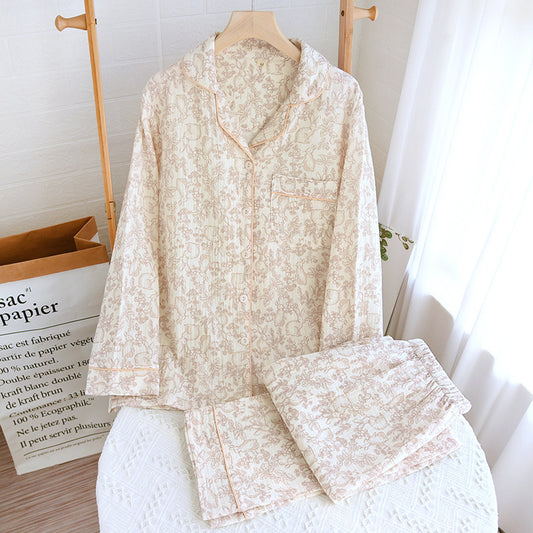 New Cotton Double-layer Gauze Sleeping Long Sleeve Cardigan Plus Size Summer Thin Cotton Homewear Suit