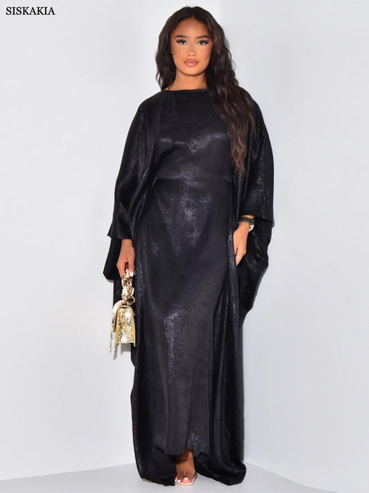Siskakia Muslim Fashion Solid Abayas Bat Sleeve Elegant Casual Dress Kimono Maxi Kaftan Dress Abayas For Islamic Women Clothing